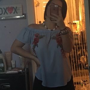 Blue off the shoulder shirt!